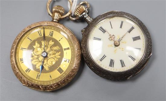 A ladys 12K yellow metal engraved open face pocket watch and a similar silver watch